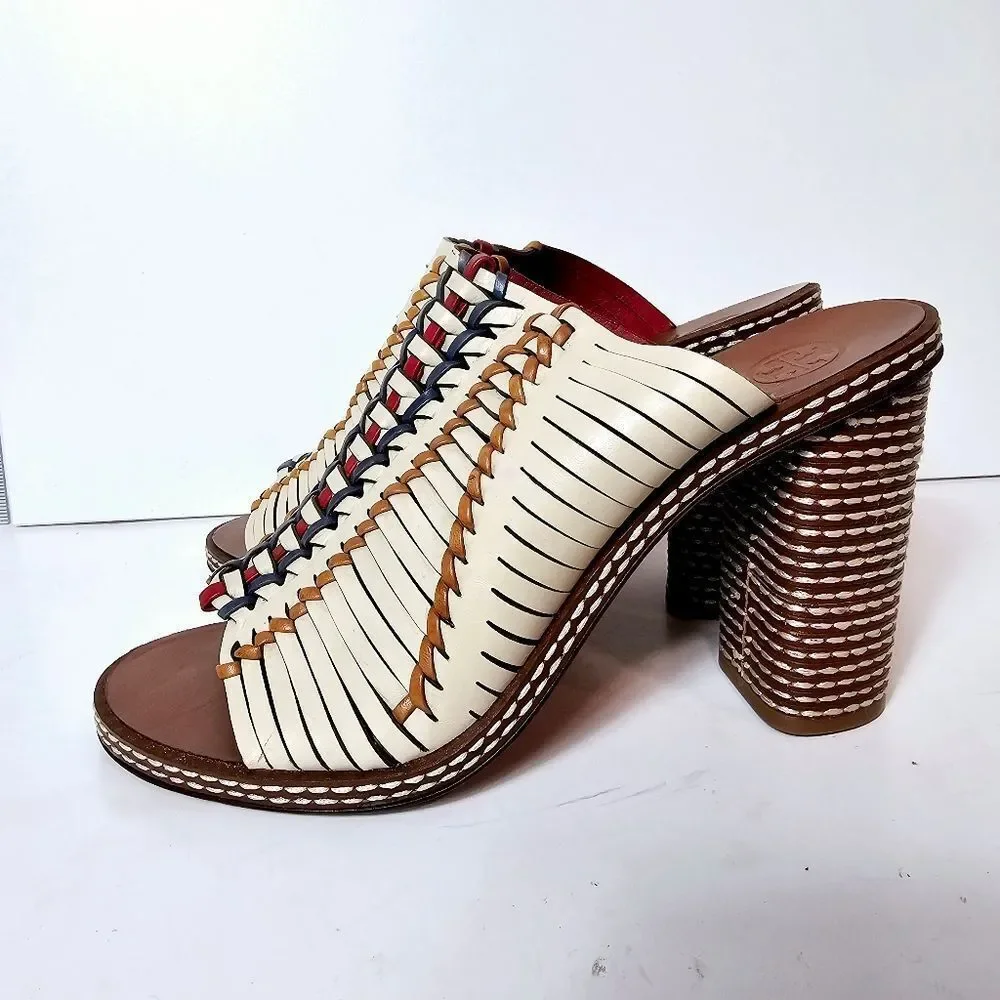 Tory Burch Pecha Woven Leather Stitched Block Heel Mules 8 LIKE NEW!
